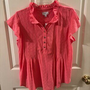 Kim Rogers Women's Pinkvine Ruffle Neck Eyelet Henley Top ~ Medium ~ NWT